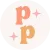 Two stylized Ps, one peach and one orange, with pink stars on a white circle.