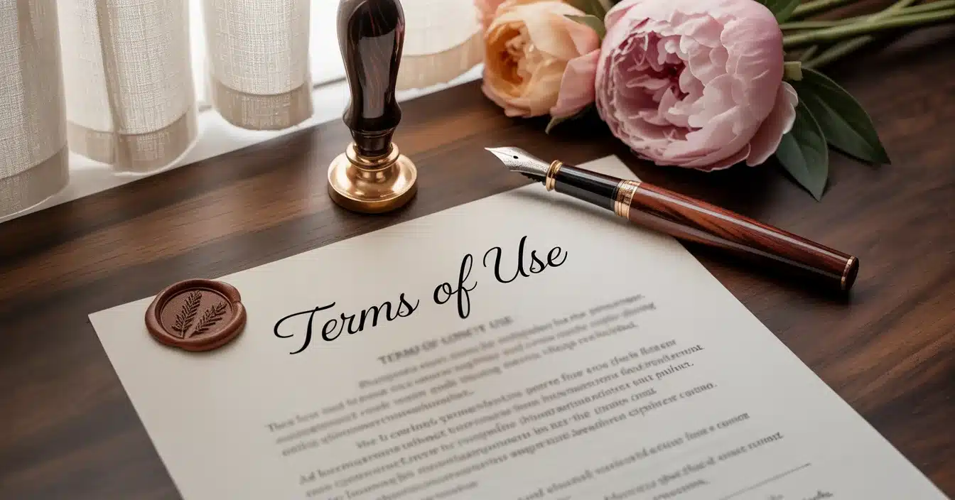 An Elegant Document Representing The Website's Terms Of Use Lies On A Desk With A Coffee Cup, Pink Flowers, And A Golden Pen, Creating A Professional And Welcoming Tone.