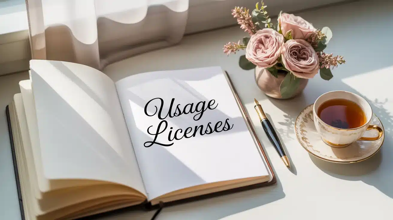 Licensing Faqs An Elegant Document For Usage Licenses Rests On A Wooden Desk Next To A Cup Of Coffee, A Vase Of Pink Flowers, And A Pen, Illustrating The Site's License Terms.