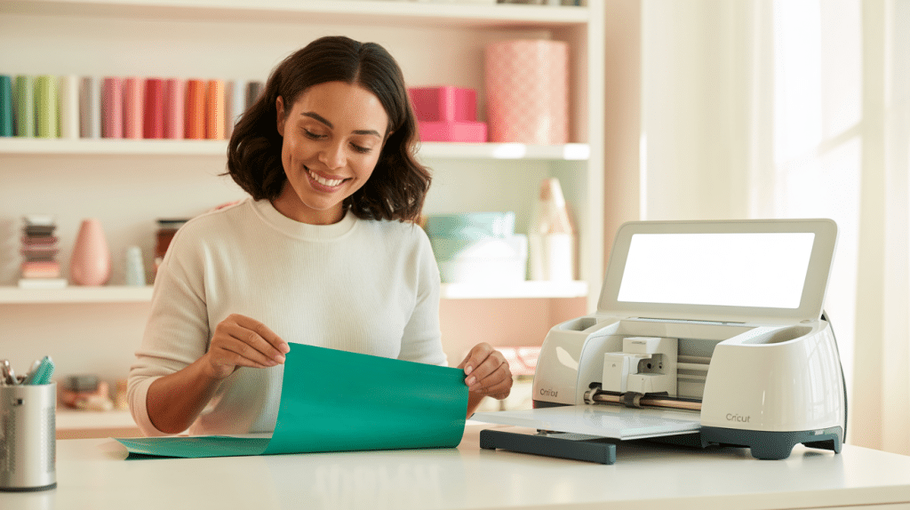 Smiling Woman Preparing Teal Craft Material For A Cricut Cutting Machine.