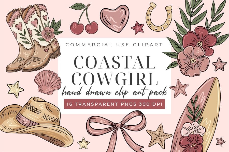 Coastal Cowgirl Clip Art Set - digital download PNG graphics with hand-drawn cowboy boots and seashells