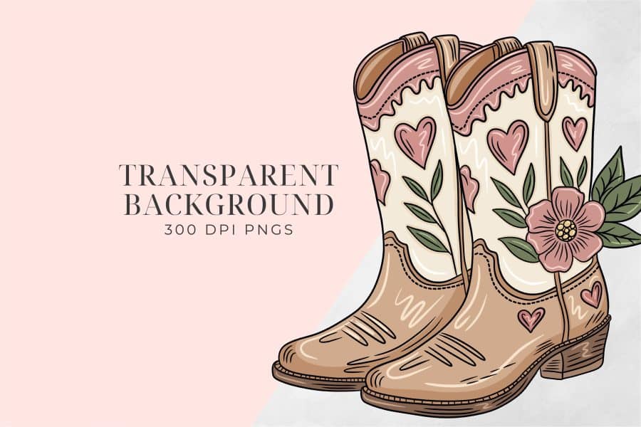 Pair Of Light Brown Cowboy Boots Decorated With Pink Hearts And Flowers.