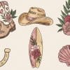 Floral Decorated Cowboy Boots, Hat, Surfboard, Horseshoe, And Seashell.