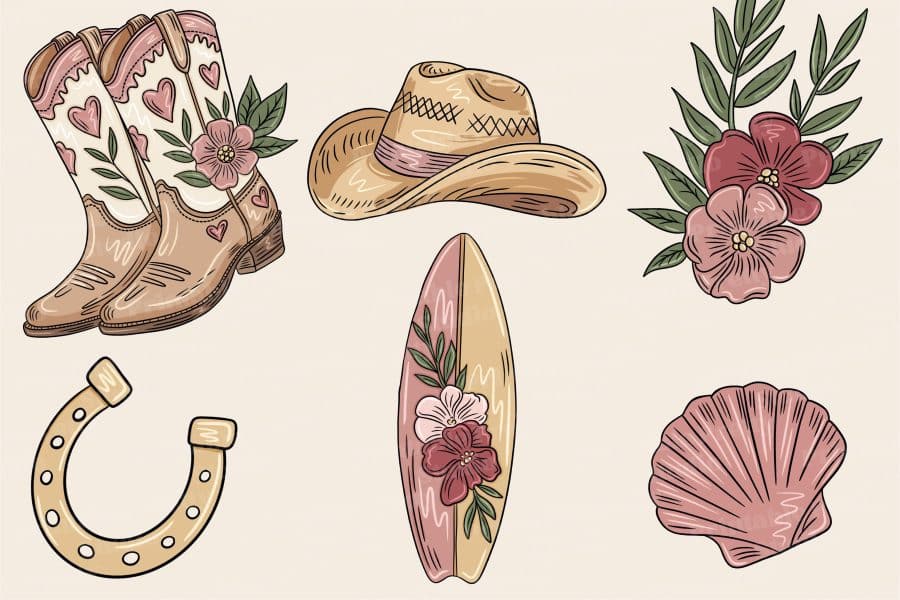 Floral Decorated Cowboy Boots, Hat, Surfboard, Horseshoe, And Seashell.