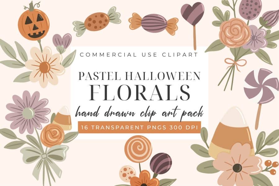 Pastel Halloween Floral Clip Art Set - digital download PNG graphics with cute spooky flower doodles